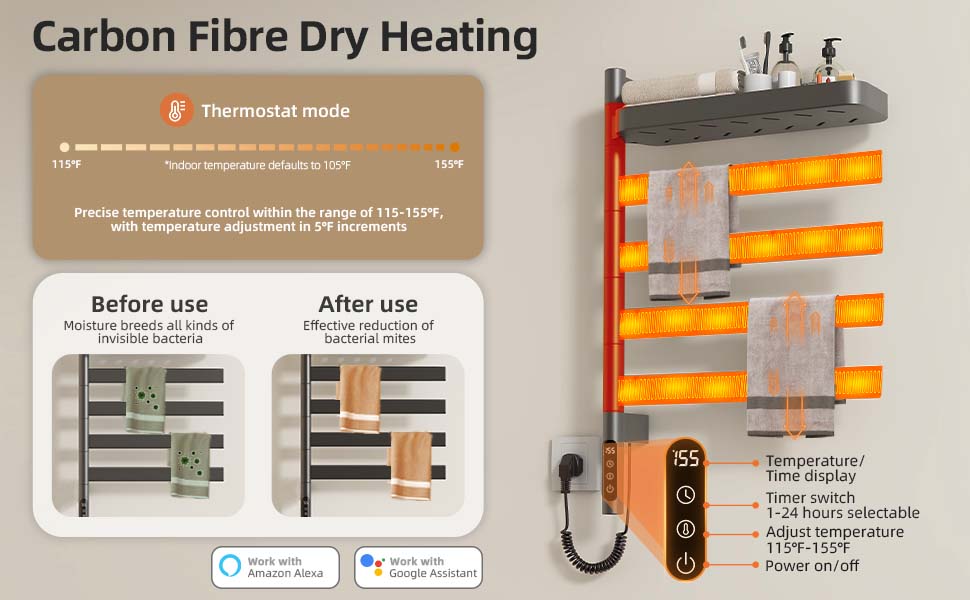 SIOYIE Smart Rotating Heated Towel Rack For Bathroom, Wall-Mounted Electric Towel Dryer With Swivel Bars & Shelf, Smart Timer, Low Carbon Steel, Plug-in/Hardwired, Towel Warmer With Wi-Fi App Control_voghion.com